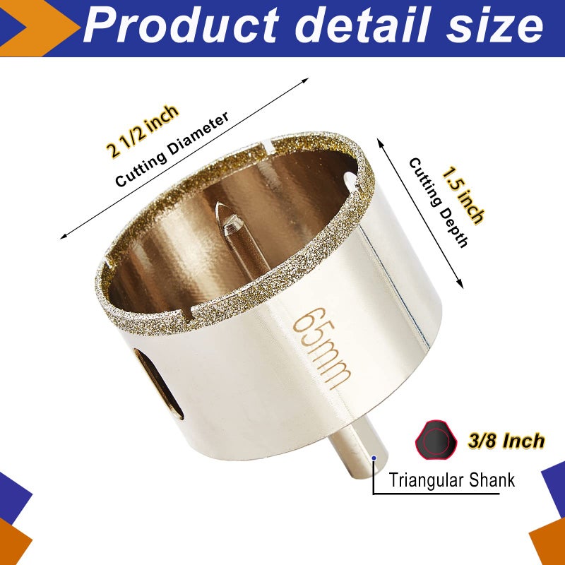 DaduoRi 2 1/2 Inch (65mm) Diamond Hole Saw with Pilot Bit  DaduoRi 2.5"" Tile Hole Saw with Center Drill Bit for Granite  Marble  Porcelain Tiles  1-1/2"" Depth of Cut for Thick Countertops - Image 3